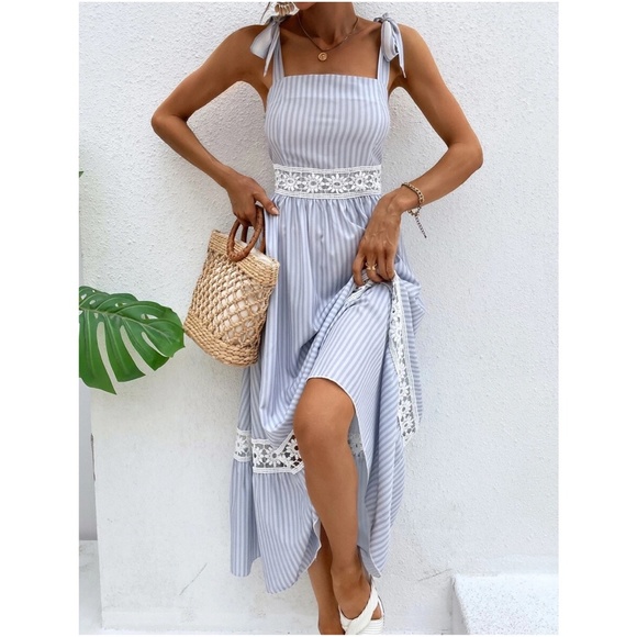 Boho Stripes Floral Lace Inserts Tie Maxi Dress - Picture 5 of 12